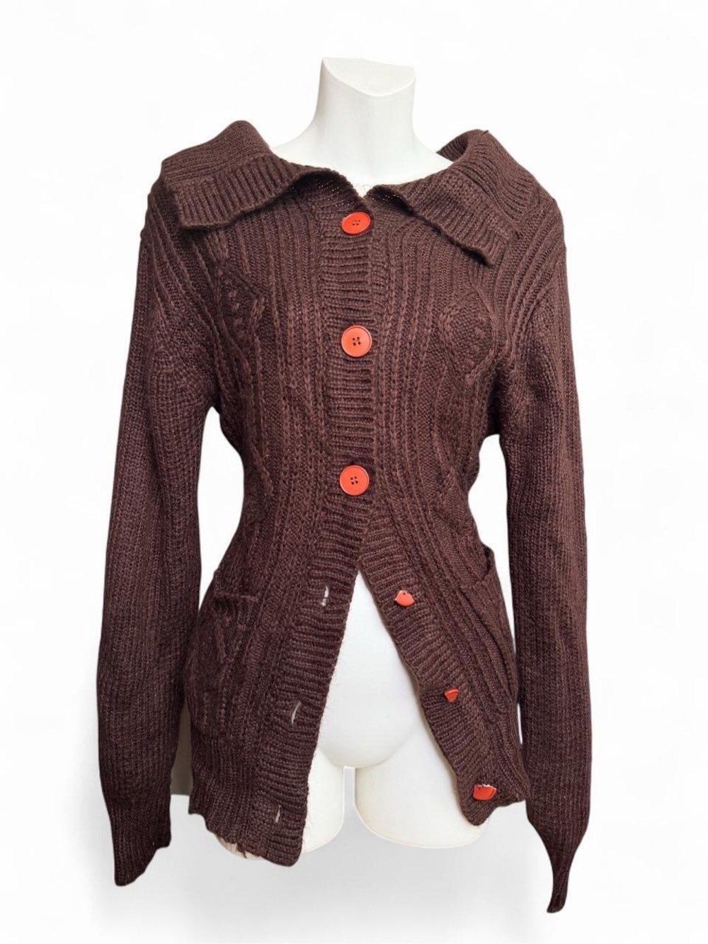 Vintage Brown Cable-Knit Cardigan with Orange Buttons
